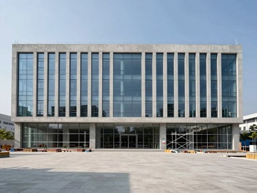 Wide shot of a completed commercial office building facade, direct midday light, clean concrete and glass exterior, construction scaffolding recently removed, empty plaza in foreground