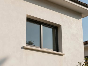 Close-up detail of a villa exterior wall finish, smooth render coat under sharp midday light, window frame precisely installed, no people, technical quality visible