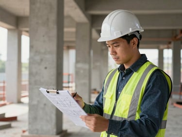 Engineer in hard hat reviewing technical drawings on a clipboard at an active construction site, direct natural light, concrete columns in background, documentation clearly visible