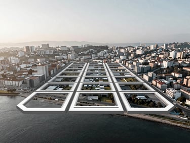 High-altitude abstract drone shot of the Portuguese coastline near Porto and Matosinhos, clean geometric lines of urban planning, soft morning light, desaturated Scandinavian tones