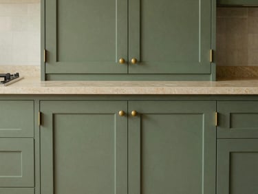 Straight-on detail shot of hand-painted forest green in-frame kitchen cabinets, solid brass hardware, natural stone worktop, soft daylight, warm editorial interior photography, 35mm