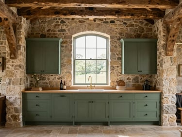 Straight-on architectural elevation of a bespoke forest green kitchen in a high-ceilinged stone barn, soft natural light streaming through a tall arched window, highlighting hand-painted cabinetry and original timber beams.
