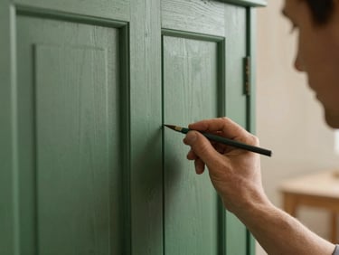 Intimate close-up of a craftsman's hand painting a cabinet door with a rich forest green hue, soft natural light, detailed wood grain visible, warm editorial interior photography, 35mm