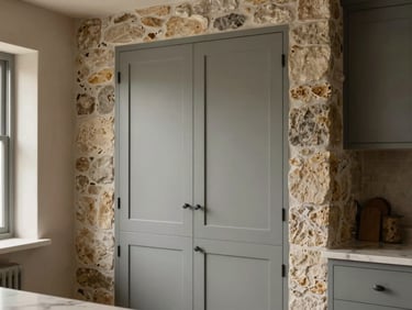 Detail of bespoke kitchen cabinetry fitted around thick irregular stone cottage masonry, soft morning light, muted slate grey tones, warm editorial.