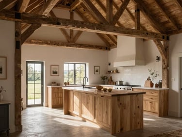 Wide shot of a bespoke kitchen in a double-height barn conversion, dramatic Northumbrian light falling on a central oak island, exposed timber trusses.