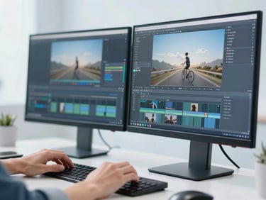 Close-up of hands editing video on a dual monitor setup, soft sky-blue ambient light, professional creative studio, bright high-key editorial photography, 35mm