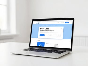 Minimalist workspace with a laptop displaying a clean SaaS landing page design, bright high-key editorial photography, soft diffused daylight, shallow depth of field, 35mm