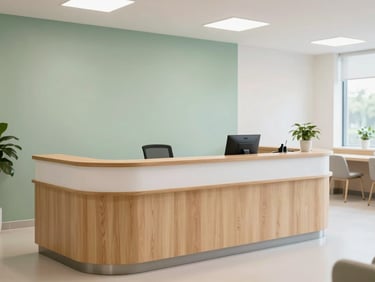 Bright, clean clinical reception area with soft sage green accents and warm wooden elements, welcoming atmosphere.
