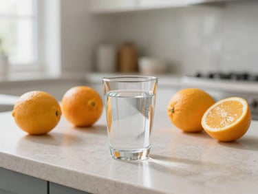 A glass of fresh water and organic citrus fruits on a clean stone kitchen counter, bright diffused morning light.
