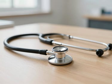 Close-up of a modern medical stethoscope resting on a clean wooden desk, soft natural daylight, shallow depth of field.
