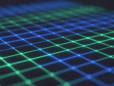 Abstract 3d render of glowing neon blue and emerald threads weaving a digital grid, dark charcoal background, glassmorphism, shallow depth of field