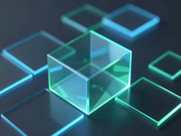 Abstract 3d render of glowing geometric glass panels overlapping with neon blue light, dark charcoal background, shallow depth of field