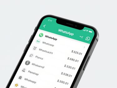 Close-up of a smartphone screen showing a WhatsApp chat interface with technical API logs and product stock levels, bright studio lighting, clean background