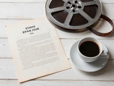 Editorial flat-lay of a classic Spanish film script, a vintage film reel, and a cup of black coffee on a white wooden table, soft natural side light