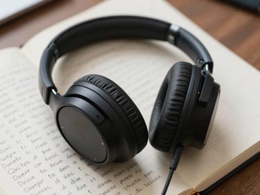 A pair of modern over-ear headphones resting on an open notebook containing handwritten Spanish vocabulary, bright natural light