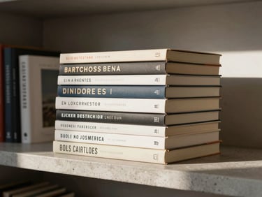 A stack of modern Spanish-language novels on a minimalist concrete shelf, warm morning sunlight casting soft shadows