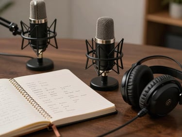 A sleek modern podcast setup with professional microphone, headphones, and a notebook showing Spanish vocabulary, soft side lighting