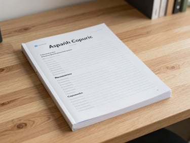 Flat-lay of a printed Spanish grammar workbook on a clean oak desk, natural morning light, minimalist aesthetic