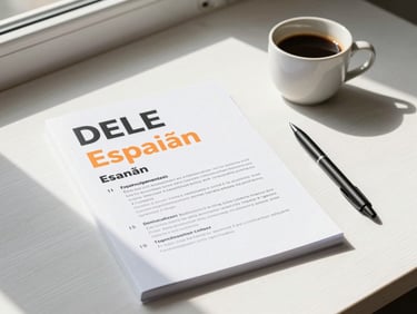An editorial flat-lay photo of a printed DELE Spanish exam booklet, a minimalist black pen, and a ceramic coffee cup on a clean white wooden desk, bathed in bright natural morning window light with soft realistic shadows.