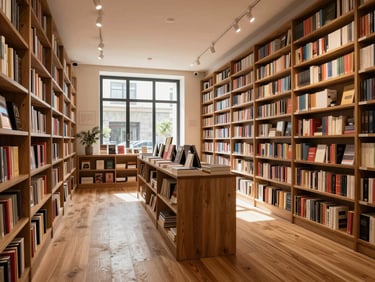 A wide environmental shot of a quiet contemporary bookstore in Madrid, with high bookshelves, warm wooden floors, and natural light streaming through large windows.
