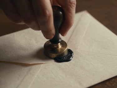 Close-up of a hand carefully sealing a dark charcoal wax stamp on a heavy cotton envelope, warm champagne highlights, soft chiaroscuro ambient light, 35mm film grain