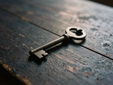 Moody editorial photography, a heavy iron key resting on dark weathered wood, soft dramatic side light, 35mm film.