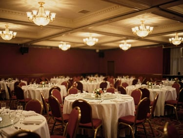 Architectural shot of an empty elegant banquet hall, high ceilings, chandeliers, warm golden light, meticulously arranged chairs and tables, 35mm