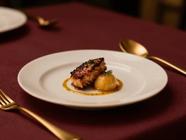 Beautifully plated signature dish with warm, low-key golden hour light, shallow depth of field, gold cutlery, rich maroon table setting, 35mm.