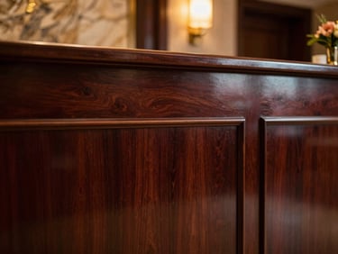 Close-up of a polished, dark wood reception desk with a subtle floral arrangement, soft ambient light, reflecting a luxurious lobby, 35mm