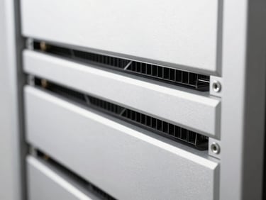 Close-up of a high-end server interface with clean silver lines and sharp geometric shadows, bright high-key daylight, minimalist architectural perspective