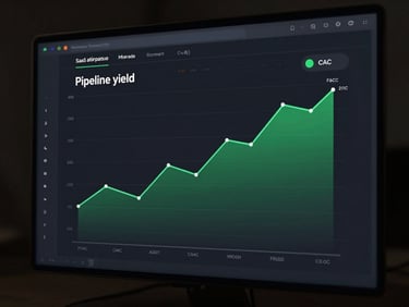 Low-key, high-contrast UI mockup of a clean SaaS attribution dashboard showing pipeline yield, green trend lines, and CAC metrics on a dark screen.