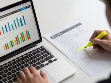 Close-up overhead shot of a desk — open laptop showing a campaign performance dashboard with colorful bar charts, a hand resting on the trackpad, a printed media plan beside it with handwritten margin notes, a yellow highlighter mid-use, studio daylight from the upper left, sharp documentary framing