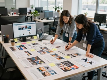 Wide environmental shot of a creative agency workspace, natural daylight flooding in from the right, two women leaning over a large desk covered in printed campaign briefs and sticky notes, laptop screens showing live ad dashboards in the background, shot from a slightly elevated angle capturing the full workspace depth