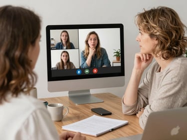 Two women in a bright meeting room reviewing printed performance reports spread across a table, laptops open, pens in hand mid-annotation, warm natural light from a large window, wide environmental framing, documentary realism