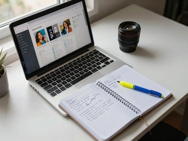 Overhead study shot of a tidy desk setup — a laptop open to a social media ads manager interface, a spiral notebook with channel strategy notes, a yellow highlighter and blue pen resting on the page, natural window light from the upper left, no human hands visible, clean and purposeful composition