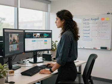 Wide environmental shot of a woman at a standing desk in a bright agency office, multiple monitors displaying live ad campaign dashboards, a whiteboard with channel strategy visible in the background, natural office daylight, documentary realism