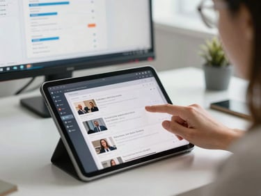 Close-up of a woman's hand scrolling through a social media scheduling tool on a tablet, post thumbnails and performance metrics visible on screen, a second monitor in soft focus behind showing a paid search dashboard, bright natural office daylight, clean white desk surface