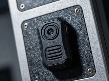 Close-up of a ruggedized RTLS beacon attached to mining equipment, high-contrast industrial lighting, cool tones.