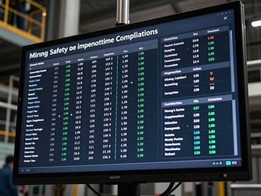 Digital dashboard displaying mining safety compliance metrics and audit trails, data visualization, high-contrast technical screen.