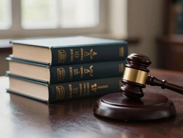 Dignified close-up of constitutional law volumes and a wooden gavel resting on a polished dark table, illuminated by soft side-window light.