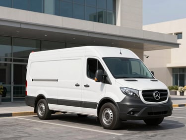 Crisp commercial photography of a branded service vehicle parked outside a modern Dubai building under bright daylight, clean industrial aesthetic, 35mm