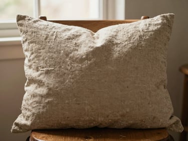 Heavy-weight sand-colored linen pillow cover resting on a wooden chair, low-angle warm window light