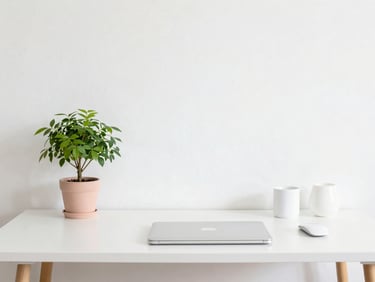 Bright minimalist Florida workspace, neat desk with a single green plant, soft morning daylight, pastel accents, high-key editorial, 35mm lens
