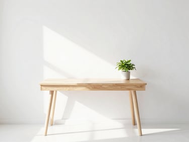 Bright, airy Florida workspace with soft morning daylight, a minimalist wooden desk, a single green plant, and clean negative space, high-key editorial style.