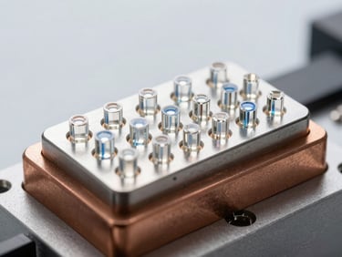 Macro shot of a laser diode array mounted on a custom copper heat sink, cold metallic surfaces, sharp white and blue highlights, industrial cleanroom background