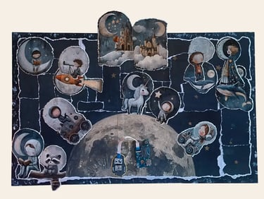 Arte onirica fiabesca, quadro materico spazio e luna con piccoli astronauti, castelli e liocorno. - Guance Rosse