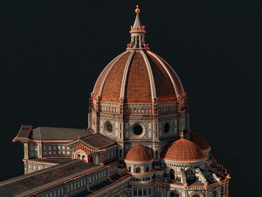 A clean digital interface of an interactive architectural puzzle game showing a 3D wireframe of a historic cathedral dome, glowing orange lines on a dark background