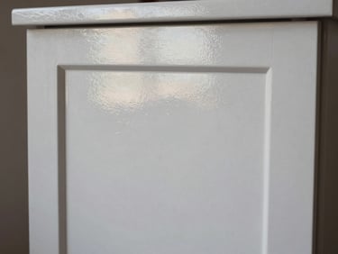 Close-up of a perfectly flat, freshly finished cabinet door reflecting bright indirect daylight.