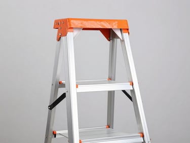 Straight-on studio shot of a heavy-duty fiberglass step ladder with safety-orange rails, set against a solid light gray background, high-key lighting, sharp details