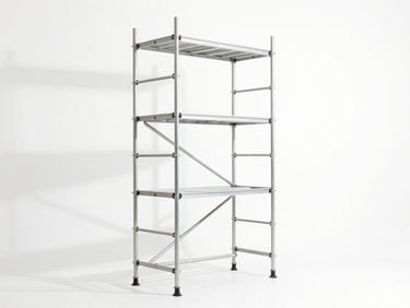 Clean steel multidirectional scaffolding tower assembled in a bright white studio space, straight-on architectural elevation, sharp shadows, technical precision